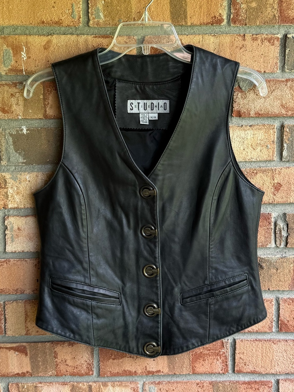 Vintage Siena Studio Black Leather Vest with Pockets Metal Grommet Button Front
